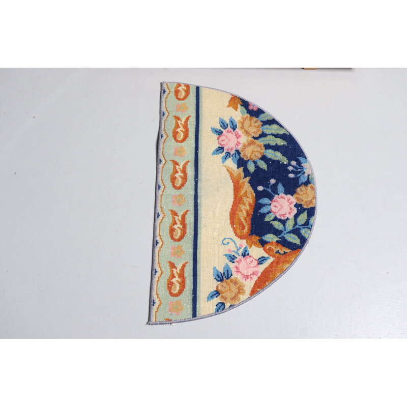 Handwoven Turkish Antique Blue Rug - Non-Slip Small Round Mat Ideal for Doors from Turkey 9534