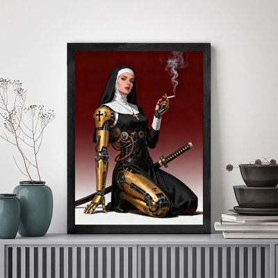 Black Framed Vintage Gothic Smoking Fighting Sister Wall Art Retro Style Framed Prints