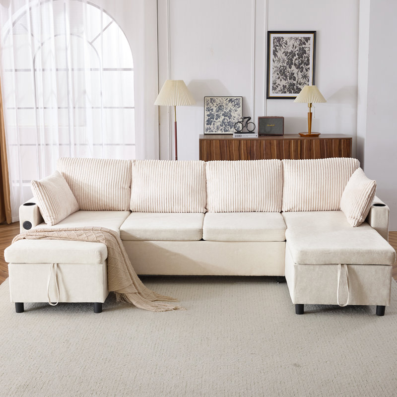 Canapé-lit modulaire polyvalent de 113,4 po avec grand espace de rangement, Chenille beige