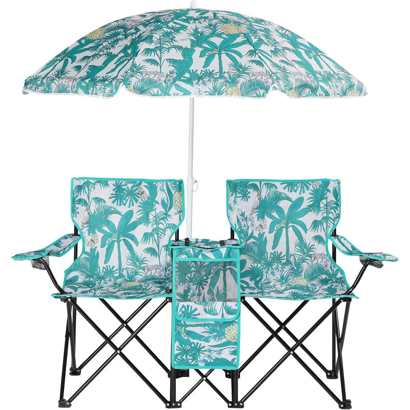 Double chaise de camping pliante avec porte-boisson pour parasol, sac de transport, table pliante, grande capacité de support pour la plage, le patio, la piscine, le parc, le motif de l'arbre à noix de coco