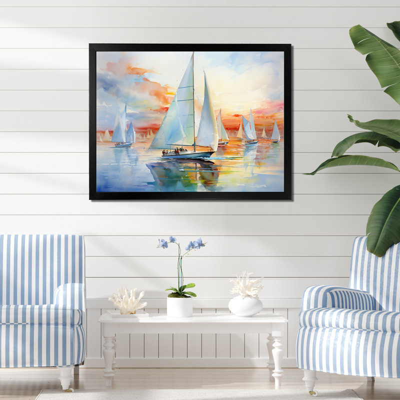 «Miminimlaism Watercolor Regatta II - Bateau à voile grand art mural», H 12 po x l 20 po x P 1 po, Cadre simple noir