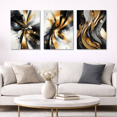 Fractal Waves of Dark Golden Fusion - ensemble d'art mural abstrait fractal de 3