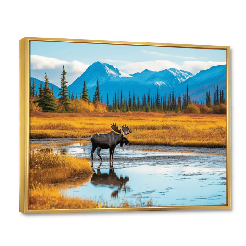 Orignal dans un paysage de l'Alaska II, H 12 po x l 20 po x P 1 po, Toile dorée