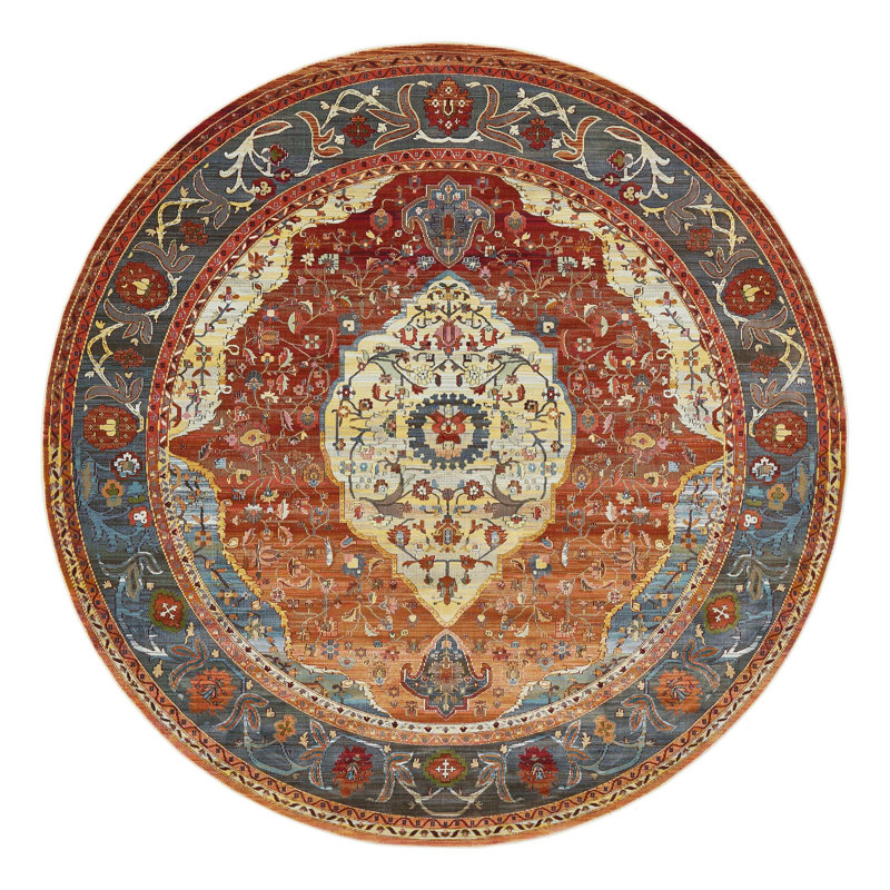 Tapis à motif oriental rouge rouille Folmar, Rond 5 pi 5 po