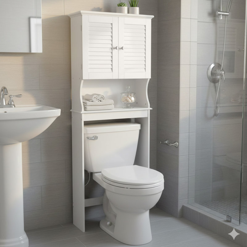  Louvered Over-The-Toilet Space Saver Cabinet, Adjustable Shelf, White
