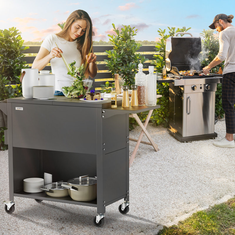 Matte Grey Patio Rolling Cooler With Side Table Boards And Cupboard Function