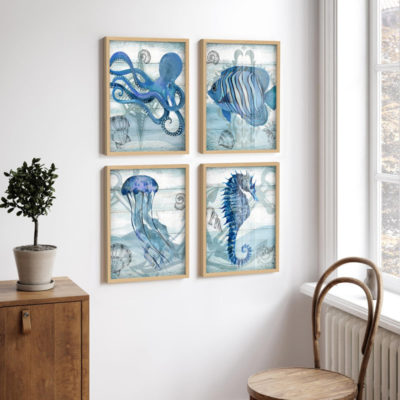 Art mural encadré, pieuvre, poisson-clown, méduse, Amphibiens, art numérique moderne, nautique, bleu, multicolore, pour salon, chambre à coucher, bureau