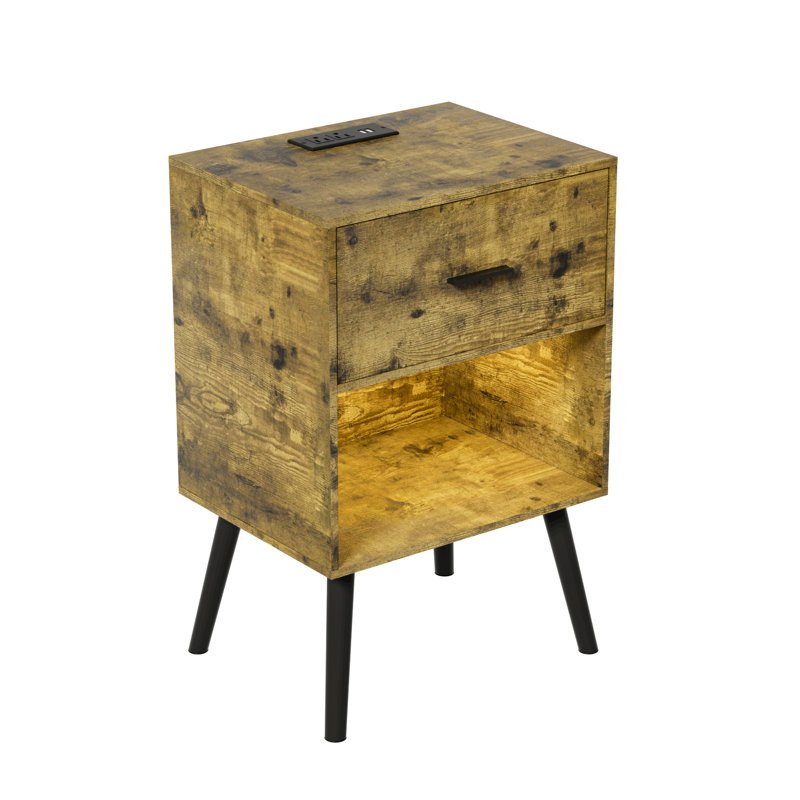 Nightstand with Power Outlet, LED Lights, and Drawer for Bedroom, Living Room