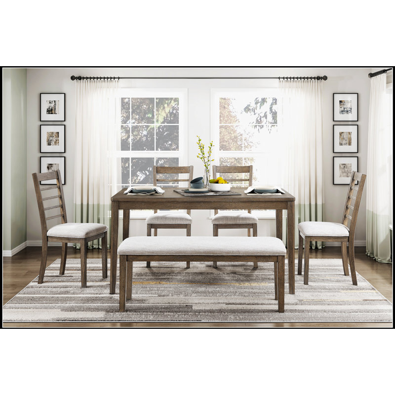 Élégante table de salle à manger 6 pièces avec banc et chaises d'appoint, mobilier en bois brun clair confortable