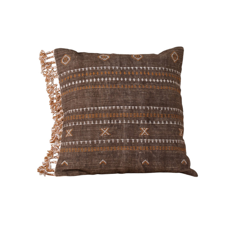 Embroidered Linen Pillow Cover, Brown