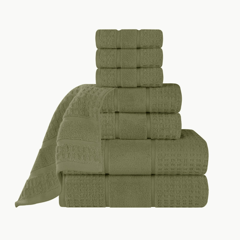 Ensemble de serviettes en coton gaufré Hisela Zero Twist, Vert forêt, Ensemble de serviettes 8 pièces