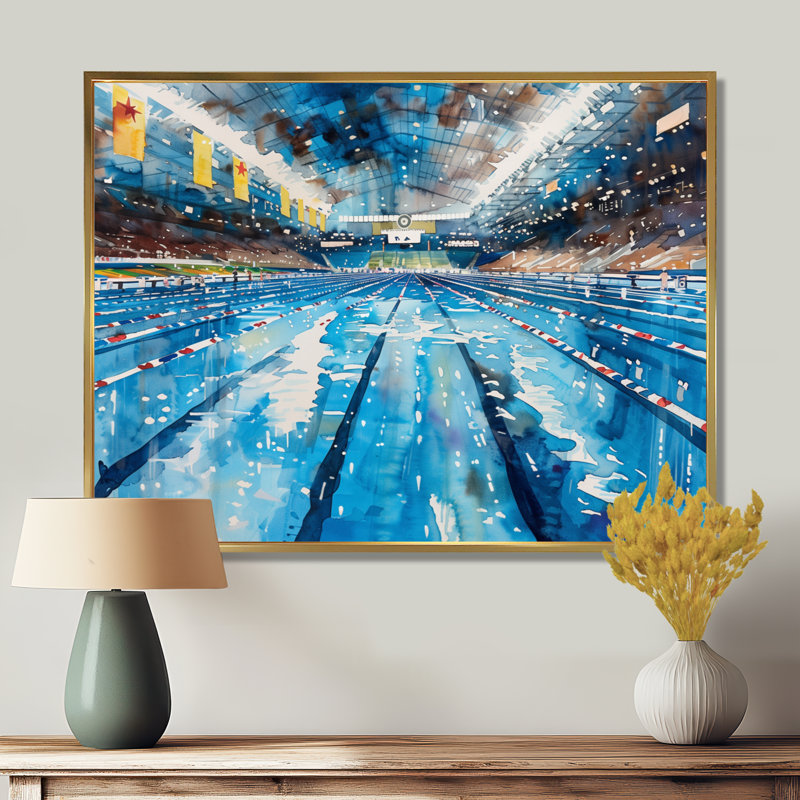 Piscine olympique avant la course I - Décoration murale de natation, Toile avec cadre flottant or