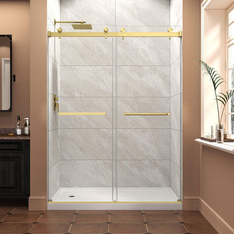 56-60"Wx76"H Sliding Glass Shower Door with 5/16" Clear Tempered Glass, Chrome Hardware, Brushed Gold