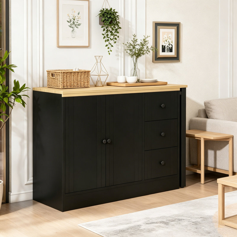 Buffet extensible 89,7 po en bois avec 2 portes et 3 tiroirs, armoire de rangement multifonctionnelle, Noir, naturel
