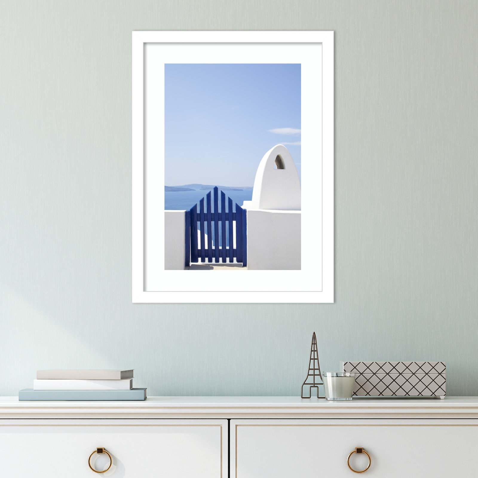Oia Blue Fence Photo Print by Golie, White, 18" H x 14" W