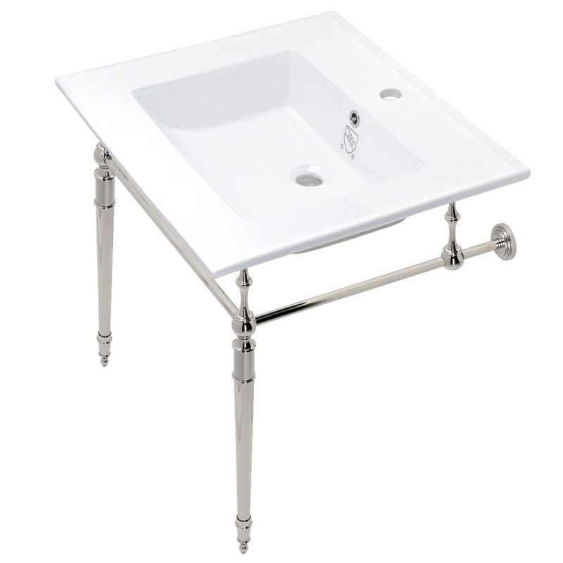 Lavabo de salle de bain console rectangulaire en céramique avec trop-plein Edwardian, Nickel poli / blanc