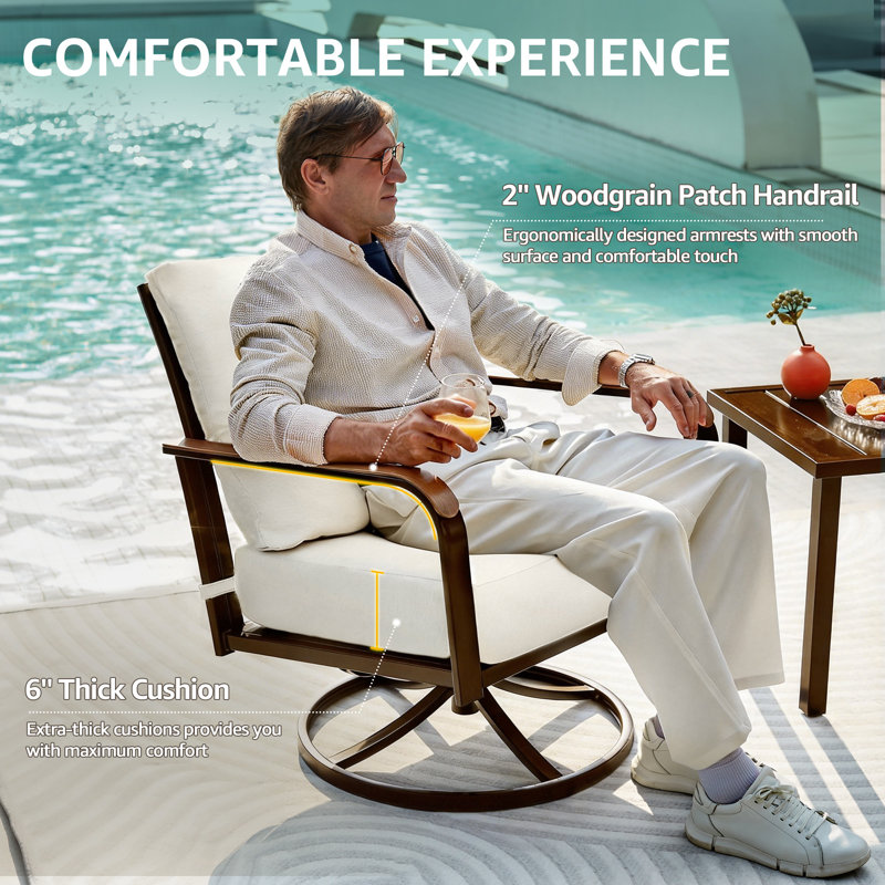 3-Piece Modern Outdoor Conversation Set with Swivel Rocking Chairs and Coffee Table, Featuring 6" Thick Cushions, No
