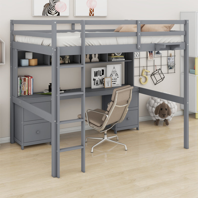 Loft Bed With Desk,Cabinets,Drawers And Bedside Tray,Charging Station, Gray