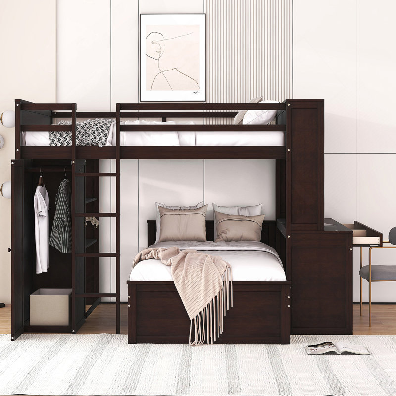 Lit mezzanine Kaylianne avec étagères, bureau et garde-robe