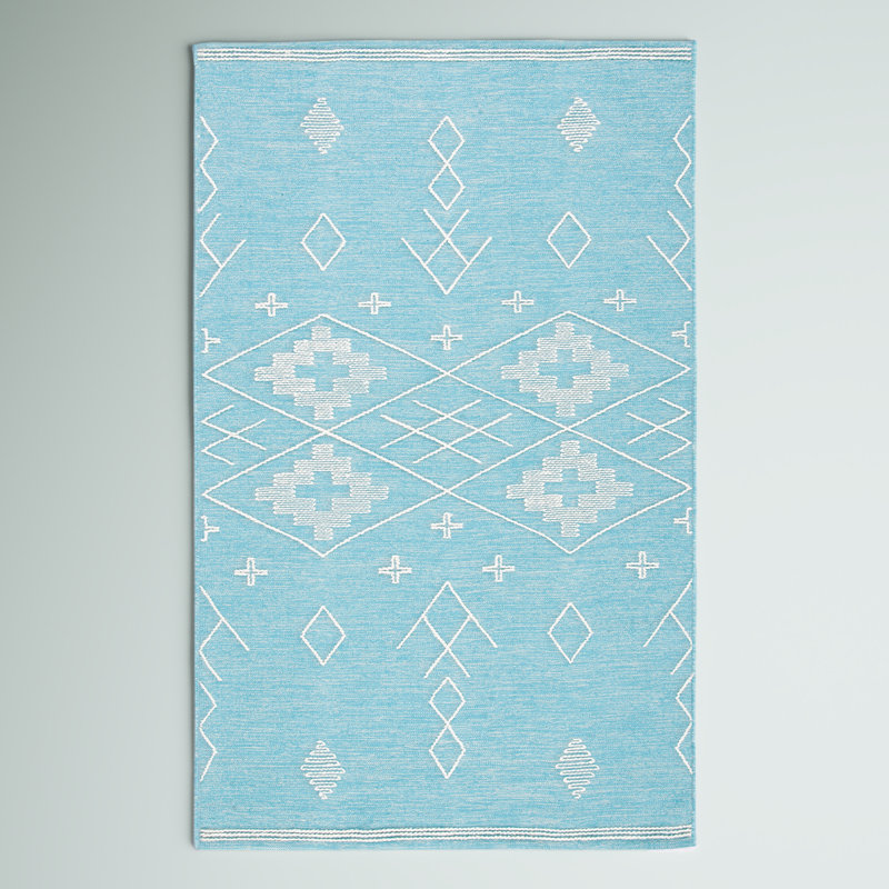Teal and Ivory Wool Flatweave Tribal Area Rug, 5' x 8'