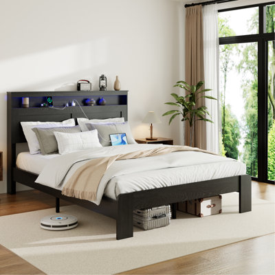 King Size Bed Frame, Noise - Feature, Led And Storage Headboard, 2 , Cable Management, Metal Wood Structure, No Box Spring, Vintage Shelf Style, Under Capacity