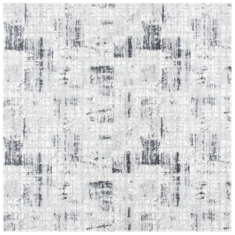 Tapis gris / noir à motif abstrait Zaid, Carré 6 pi 7 po