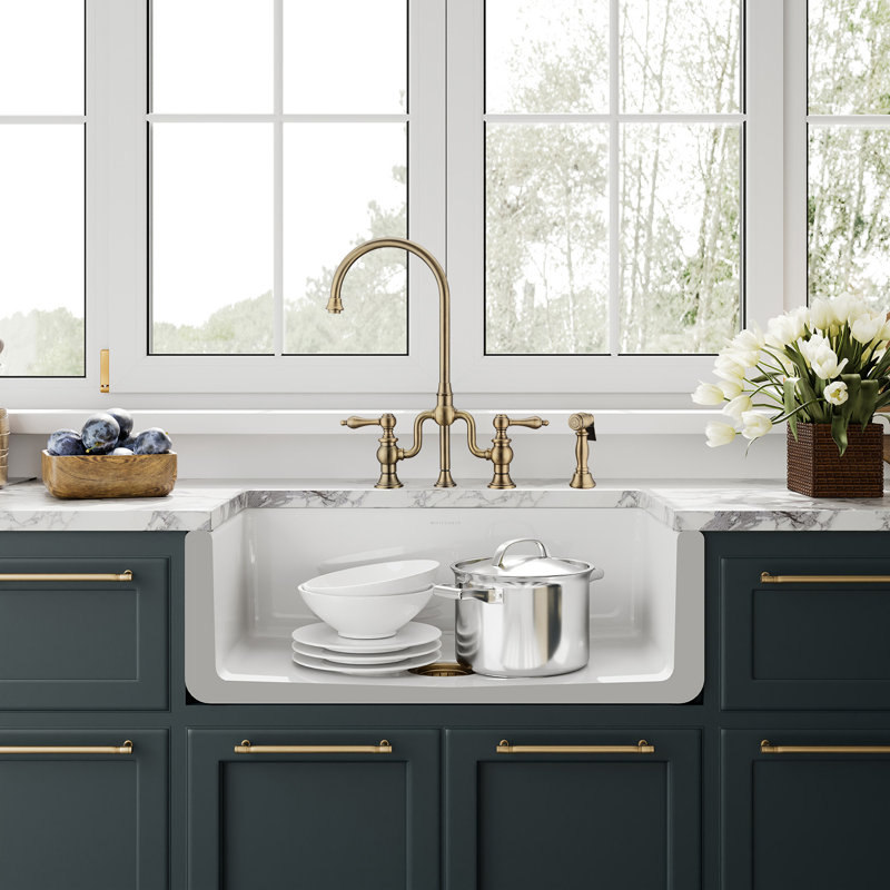 Whitehaus Collection Reversible Fireclay Kitchen Sink with Grid: Three Edge Frame, Plain Front Apron, 10" H x 30" L x 18" W