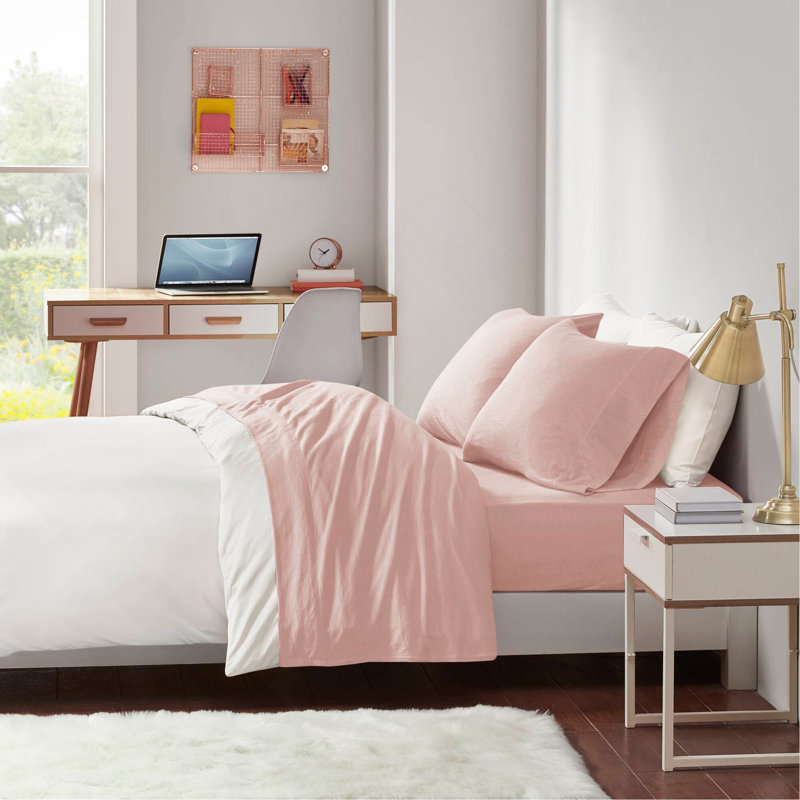 Ensemble de draps en tricot de coton toutes saisons, Ensemble de draps pour grand lit avec 2 taies d'or, Rosé