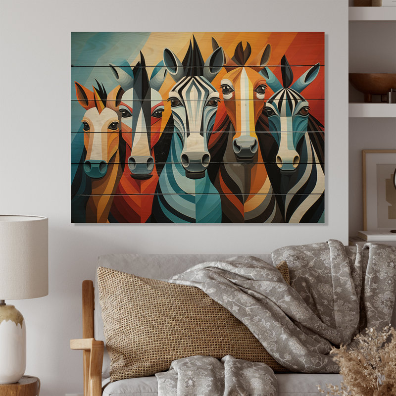 Famille de zèbres cubistes sur bois, H 24 po x l 32 po x P 0,78 po