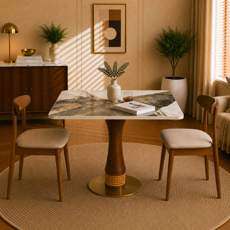 Table de salle à manger 33,5 po carrée en bois d'hévéa fritté en bois d'hévéa, piédestal en bois d'hévéa avec décorations en osier tressé à la main et base en acier inoxydable pour la cuisine, les appartements et les bistro
