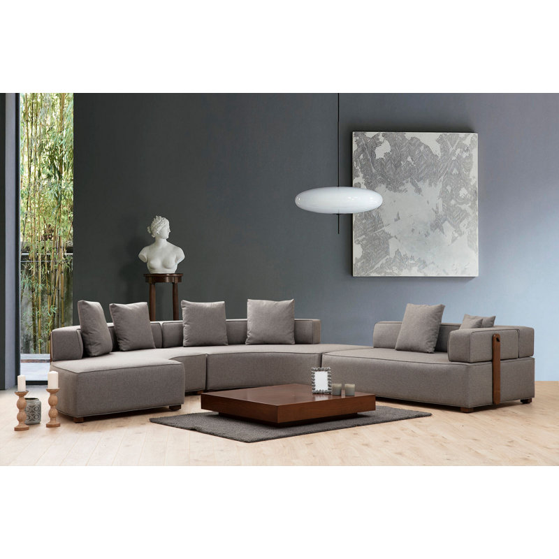 Elegant Corner Sofa, Solid Grey, 118 x 142 in | Beech Wood & Chipboard Frame, 100% Polyester Fabric, 28 DNS Soft Foam/24 DNS Feather Cushions | Includes 7 Pillows (2 @ 18 x 18 in, 5 @ 20 x 20 in) | Scandinavian Design, Dry-Cleanable, Walnut Legs