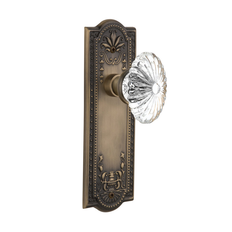 Meadows Plate with Oval Fluted Crystal Door Knob, Antique Brass, 2-3/4”