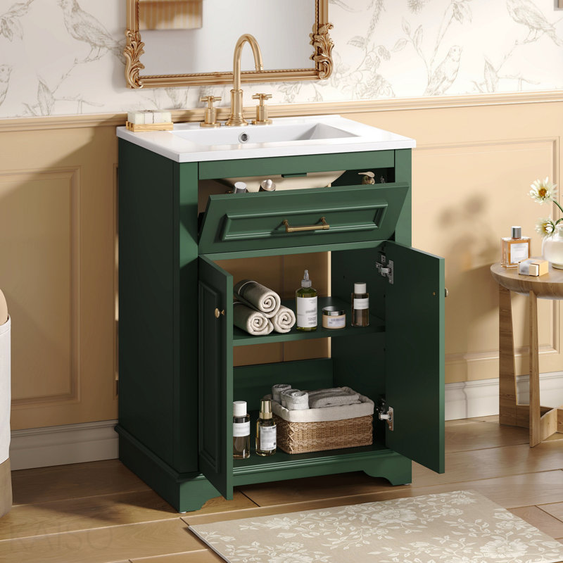 Meuble-lavabo 24 po avec lavabo en céramique intégré, armoire de salle de bain avec 2 portes, 1 tiroir basculant et meuble-lavabo simple pour salle de bain de petite et moyenne taille