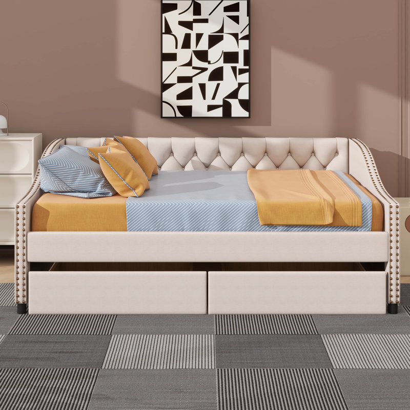 Lit de jour double rembourré avec tiroirs de rangement, Beige