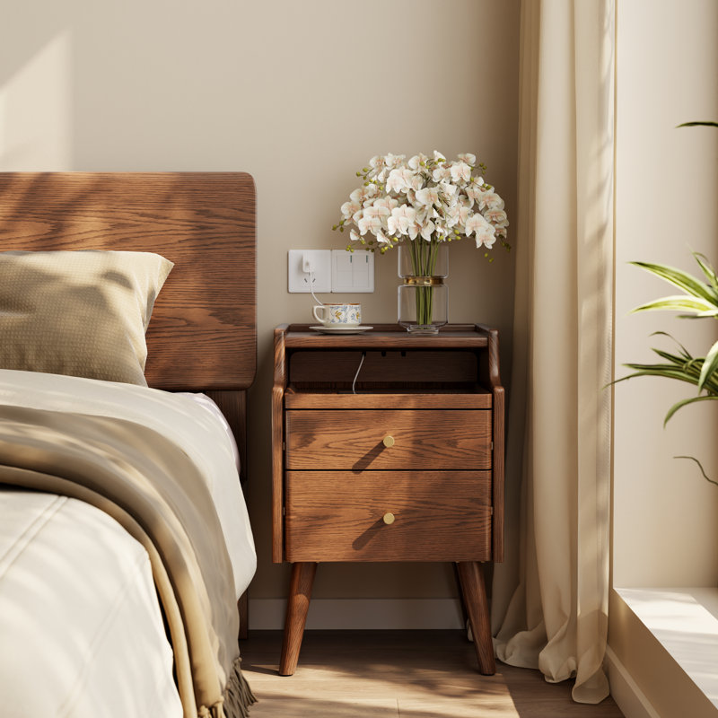 Narrow Solid Wood Nightstand with 2 Drawers, Brown, 15.74"W