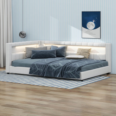 Upholstered Daybed With Storage, L-Shaped Daybed With LED Belt And USB Ports, Linen Fabric Day Bed Frame