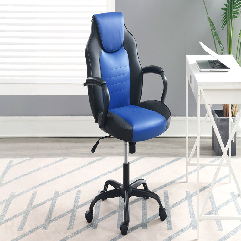 Blue & Black Faux Leather Gaming Office Chair, Casters, Plush Padded Arms, Comfortable Modern Stylish