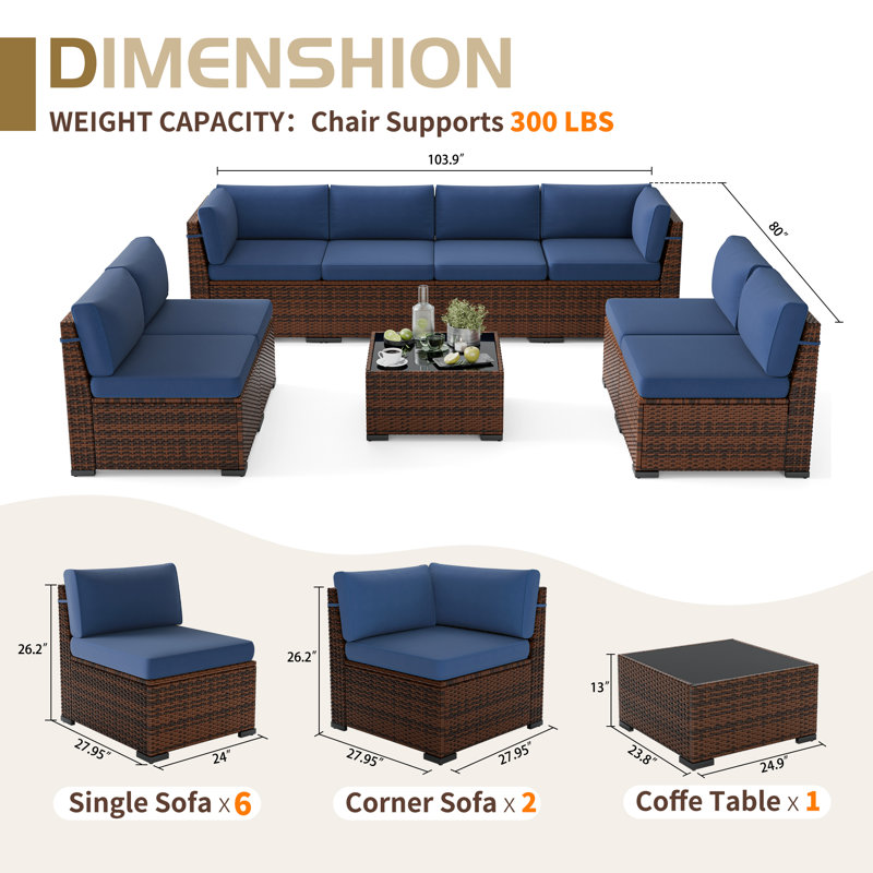 8 Person Rattan Sectional Seating Group With Cushions, Blue, No