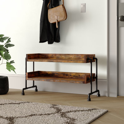 Armoire à chaussures industrielle avec structure en tuyau, noir et noyer, 35,4 x 19,7 x 13,8 pouces | Pieds 100% bois d'épinette et métal | 2 tablettes, fixation murale, capacité de charge de 44 lb | Parfait pour le vestibule et la décoration intérieure moderne