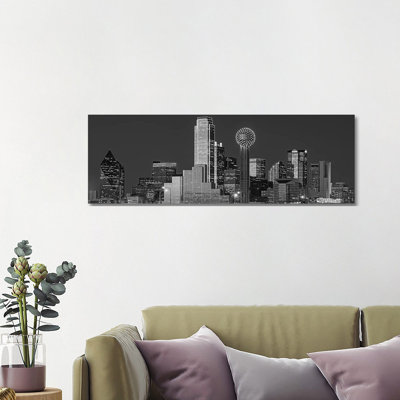 USA, Texas, Dallas, Panoramic View of An Urban Skyline at Night BW, Black and White 1 Piece Wrapped Canvas Panoramic Wall Art