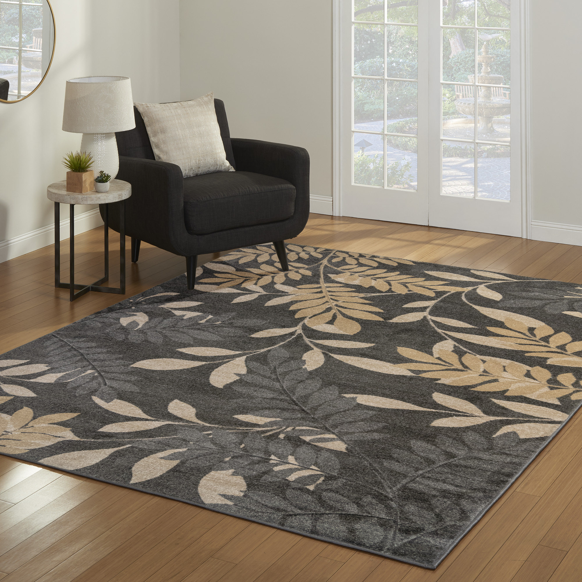 Gertmenian Bravo Holland Casual Charcoal Gray/Beige/Tan Floral Leaf ...