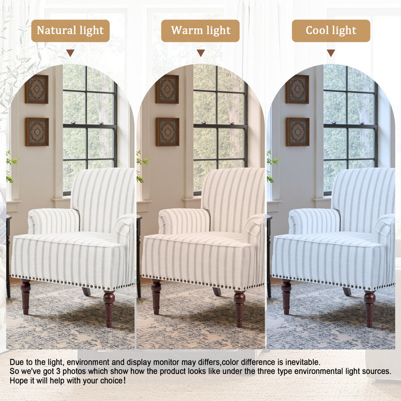 Iliana Armchair with Solid Wood Legs and Nailhead Trim, Pinstripe Grey