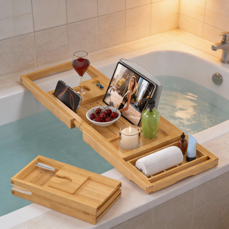 Plateau de table de bain pliable en bambou et table de salle de bain extensible avec support pour verre à vin et support pour tablette