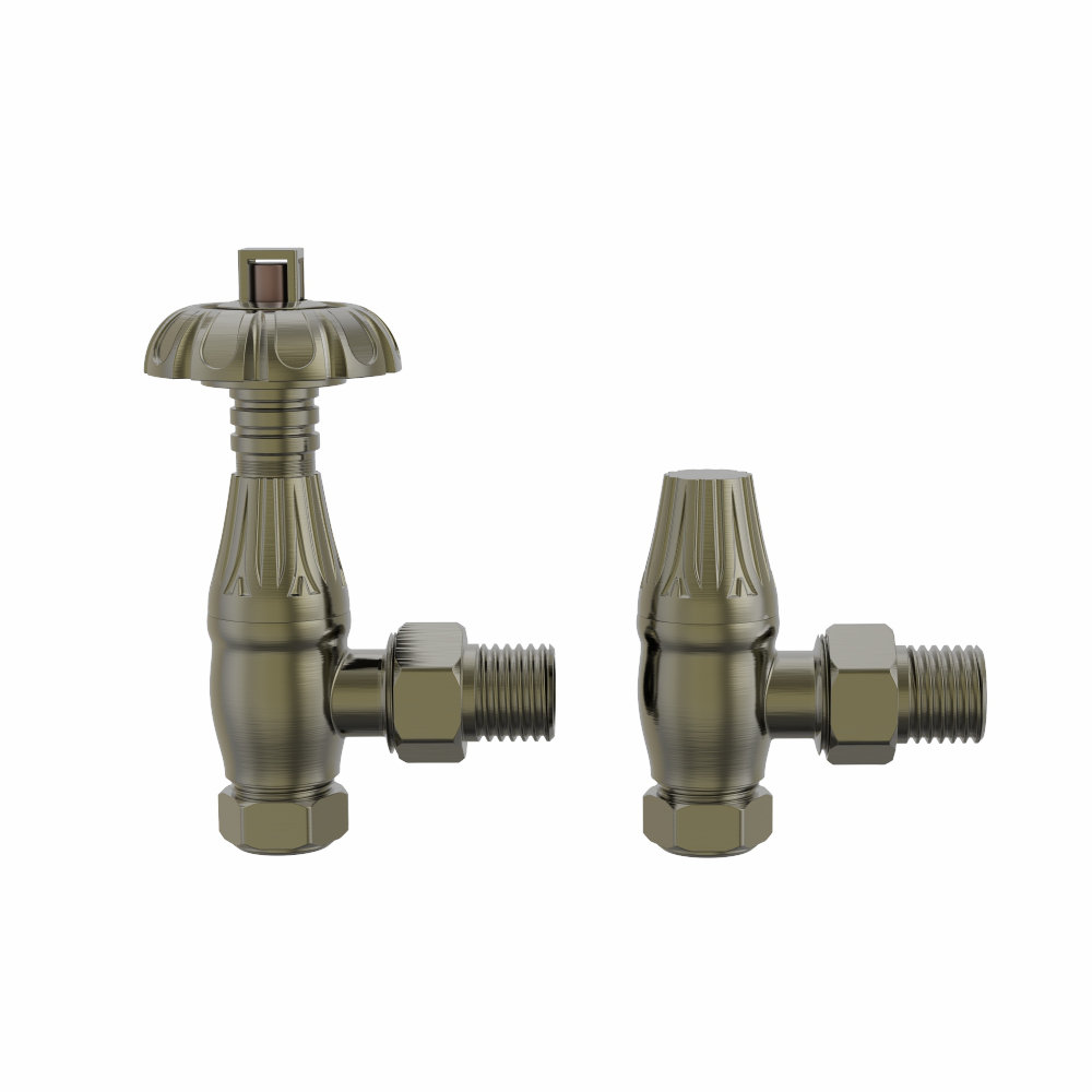 Traditional Thermostatic TRV Antique Design Angled Radiator Rad Valves Pair Antique Brass