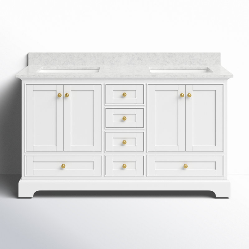 Audrey 60'' W Double Vanity, White/Brushed Gold, Carrara White Marble