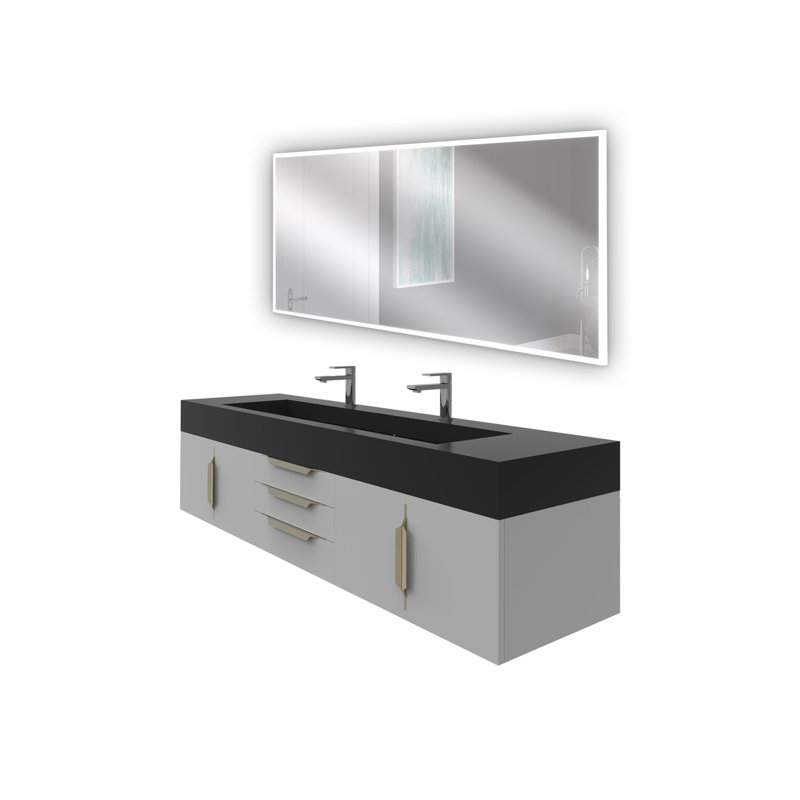Ensemble de meuble-lavabo double mural 72 "avec miroir Nile, Blanc, gris, Or