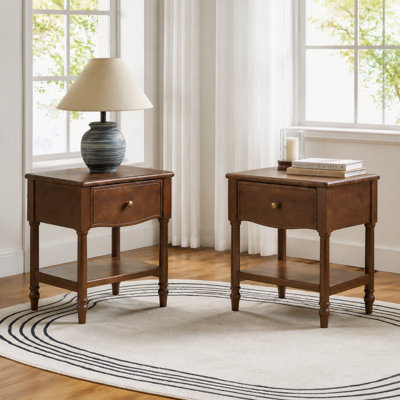 Nightstand Set of 2, Solid Wood Mid-Century Modern Fully Assembled Bedside Tables with Drawer & Open Shelf, Spindle Legs, 17.32"W x 19.69"H, Walnut Finish Vintage End Tables for Bedroom