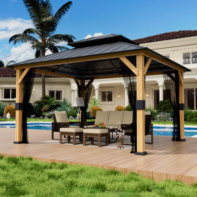 11ft × 13ft Patio Double-roof Wooden Gazebo