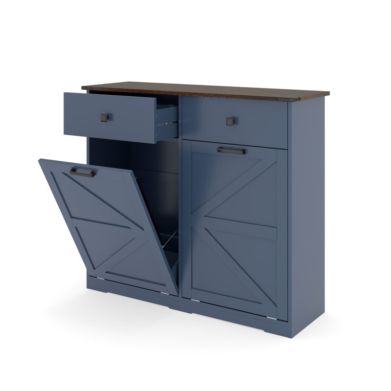 Armoire à ordures inclinable bleue pour bacs 2 x 10 gallons, buanderie compacte et stable, porte de grange avec plateau de table imperméable à finition élégante, tiroirs de rangement à charnières lisses