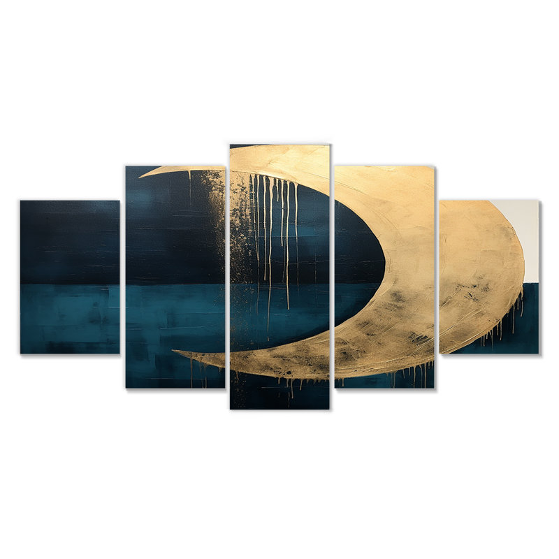Lune mystérieuse turquoise - ensemble d'art mural géométrique 5 pièces, H 32 po x l 60 po